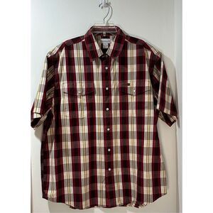 Carhartt pearl snap men’s red tan short sleeve  plaid shirt, size Large #33-0833